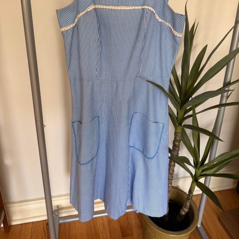 Vintage Blue & White Pinafore-Style Stripe Dress – Coastal Euro Summer Picnic - Picture 6 of 7